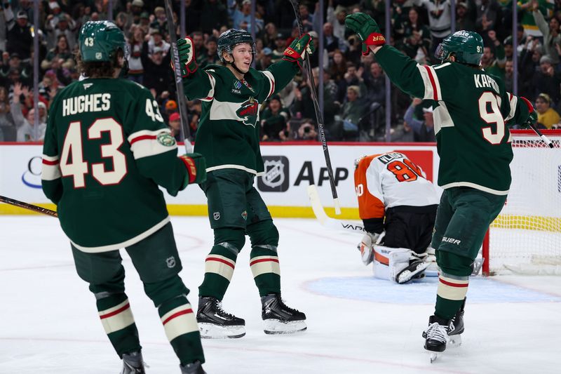 Mar 12, 2026; Saint Paul, Minnesota, USA; Minnesota Wild left wing Matt Boldy (12) celebrates his goal against the Philadelphia Flyers during the second period at Grand Casino Arena. Mandatory Credit: Matt Krohn-Imagn Images