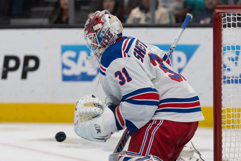 Jan 23, 2024; San Jose, California, USA; New York Rangers goaltender Igor Shesterkin (31) stops the puck during the second period against the San Jose Sharks at SAP Center at San Jose. Mandatory Credit: Stan Szeto-USA TODAY Sports