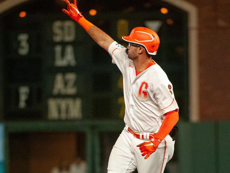 Sep 12, 2023; San Francisco, California, USA; San Francisco Giants catcher Blake Sabol (2) motions to the crowd after hitting a home run during the fifth inning at Oracle Park. Mandatory Credit: Ed Szczepanski-USA TODAY Sports