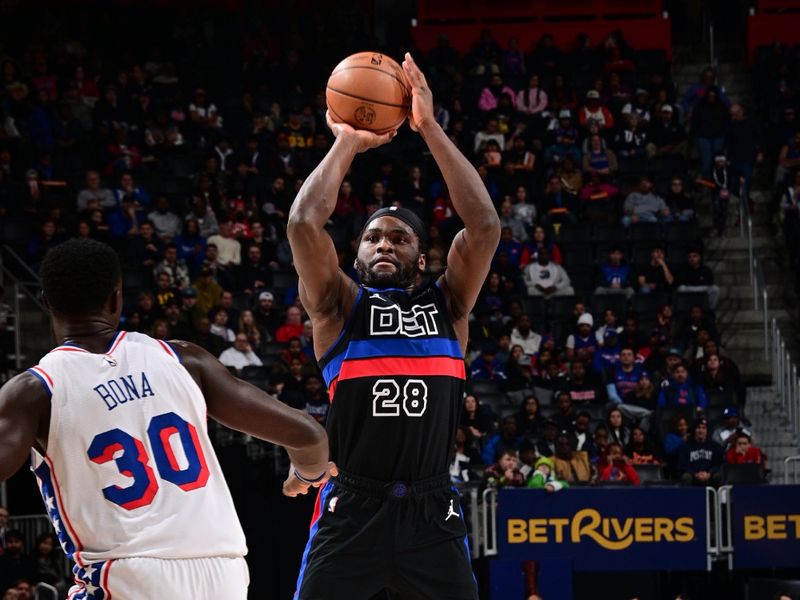 DETROIT, MI - NOVEMBER 30:  Isaiah Stewart #28 of the Detroit Pistons shoots the ball during the game against the Philadelphia 76ers on November 30, 2024 at Little Caesars Arena in Detroit, Michigan. NOTE TO USER: User expressly acknowledges and agrees that, by downloading and/or using this photograph, User is consenting to the terms and conditions of the Getty Images License Agreement. Mandatory Copyright Notice: Copyright 2024 NBAE (Photo by Chris Schwegler/NBAE via Getty Images)