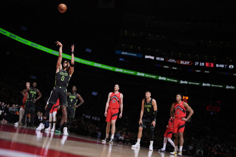 TORONTO, CANADA - JANUARY 15: Jayson Tatum #0 of the Boston Celtics free throw during the game against the Toronto Raptors on January 15, 2025 at the Scotiabank Arena in Toronto, Ontario, Canada.  NOTE TO USER: User expressly acknowledges and agrees that, by downloading and or using this Photograph, user is consenting to the terms and conditions of the Getty Images License Agreement.  Mandatory Copyright Notice: Copyright 2025 NBAE (Photo by Mark Blinch/NBAE via Getty Images)