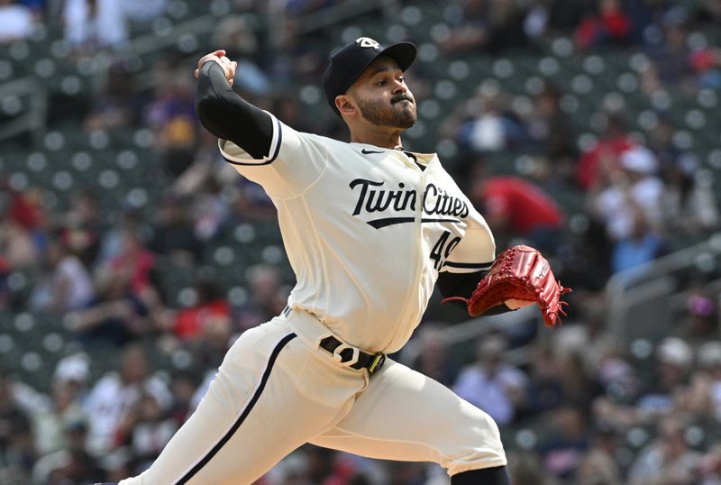 Sep 10, 2023; Minneapolis, Minnesota, USA; Minnesota Twins starting pitcher Pablo Lopez (49) delivers a pitch in the sixth inning against the New York Mets at Target Field. Mandatory Credit: Michael McLoone-USA TODAY Sports