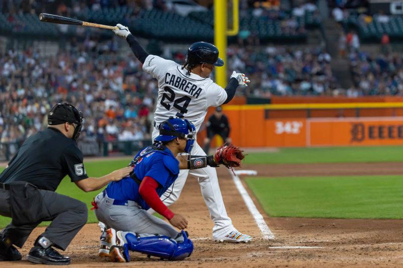 Aug 22, 2023; Detroit, Michigan, USA; Detroit Tigers designated hitter Miguel Cabrera (24) strikes out swinging in the fifth inning against the Chicago Cubs at Comerica Park. Mandatory Credit: David Reginek-USA TODAY Sports