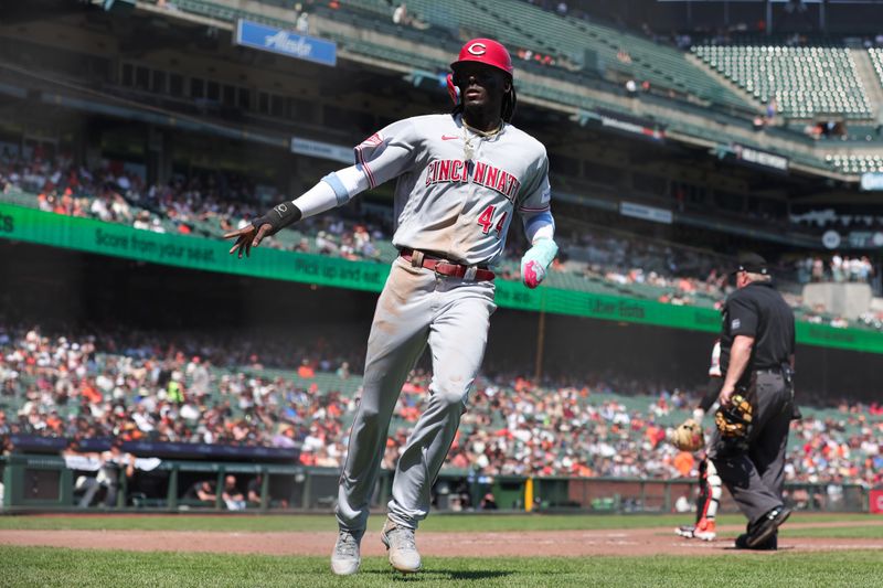 Aug 30, 2023; San Francisco, California, USA; Cincinnati Reds third baseman Elly De La Cruz (44) scores a run during the sixth inning against the San Francisco Giants at Oracle Park. Mandatory Credit: Sergio Estrada-USA TODAY Sports