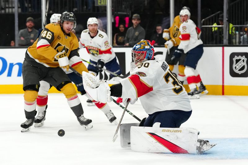 Jan 26, 2025; Las Vegas, Nevada, USA; Florida Panthers goaltender Spencer Knight (30) makes a save against the Vegas Golden Knights during the second period at T-Mobile Arena. Mandatory Credit: Stephen R. Sylvanie-Imagn Images