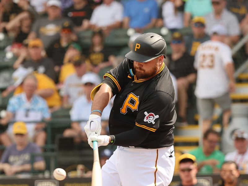 Mar 1, 2024; Bradenton, Florida, USA; Pittsburgh Pirates first baseman Rowdy Tellez (44) singles during the third inning against the Tampa Bay Rays at LECOM Park. Mandatory Credit: Kim Klement Neitzel-USA TODAY Sports