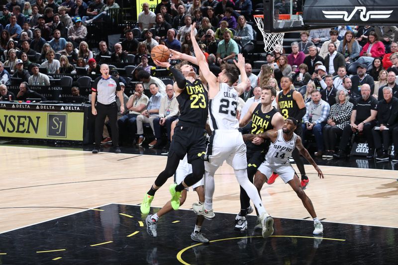 SALT LAKE CITY, UT - MARCH 27: Lauri Markkanen #23 of the Utah Jazz drives to the basket during the game against the San Antonio Spurs on March 27, 2024 at Delta Center in Salt Lake City, Utah. NOTE TO USER: User expressly acknowledges and agrees that, by downloading and or using this Photograph, User is consenting to the terms and conditions of the Getty Images License Agreement. Mandatory Copyright Notice: Copyright 2024 NBAE (Photo by Melissa Majchrzak/NBAE via Getty Images)