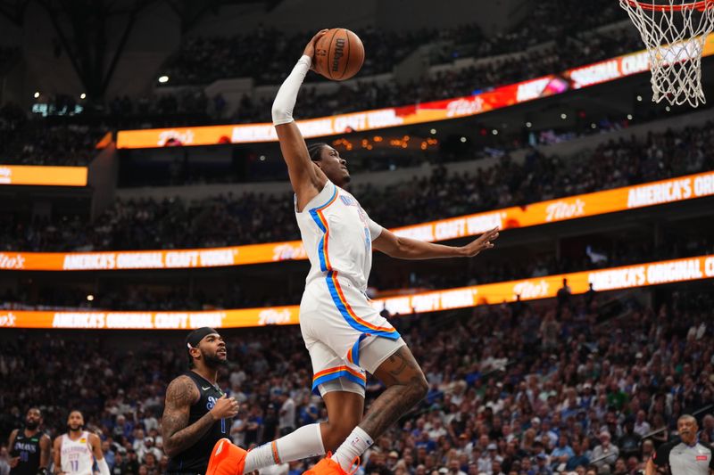 DALLAS, TX - MAY 18: Jalen Williams #8 of the Oklahoma City Thunder dunks the ball during the game against the Dallas Mavericks during Round 2 Game 6 of the 2024 NBA Playoffs on May 18, 2024 at the American Airlines Center in Dallas, Texas. NOTE TO USER: User expressly acknowledges and agrees that, by downloading and or using this photograph, User is consenting to the terms and conditions of the Getty Images License Agreement. Mandatory Copyright Notice: Copyright 2024 NBAE (Photo by Cooper Neill/NBAE via Getty Images)