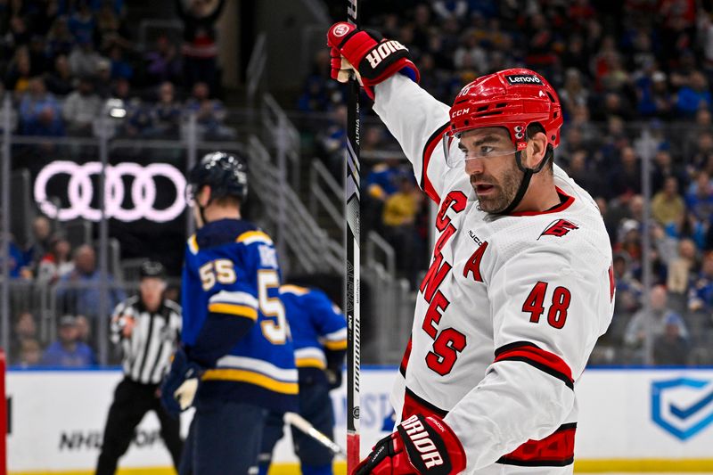 Apr 12, 2024; St. Louis, Missouri, USA;  Carolina Hurricanes left wing Jordan Martinook (48) reacts after scoring against the St. Louis Blues during the first period at Enterprise Center. Mandatory Credit: Jeff Curry-USA TODAY Sports