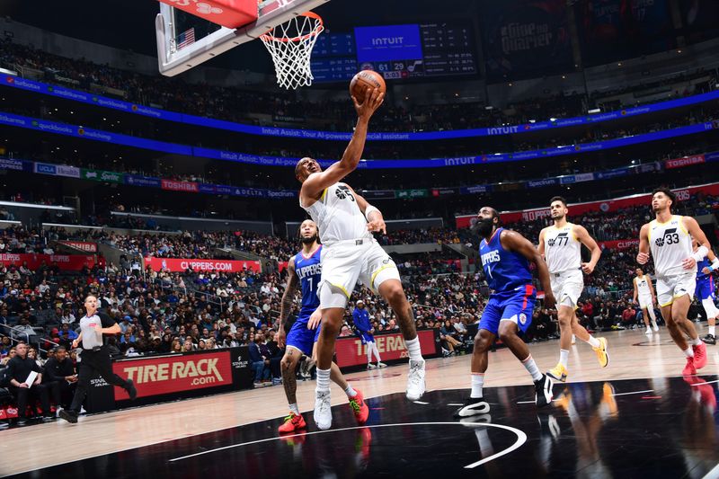 LOS ANGELES, CA - APRIL 5:  Talen Horton-Tucker #5 of the Utah Jazz goes to the basket during the game on April 5, 2024 at Crypto.Com Arena in Los Angeles, California. NOTE TO USER: User expressly acknowledges and agrees that, by downloading and/or using this Photograph, user is consenting to the terms and conditions of the Getty Images License Agreement. Mandatory Copyright Notice: Copyright 2024 NBAE (Photo by Adam Pantozzi/NBAE via Getty Images)