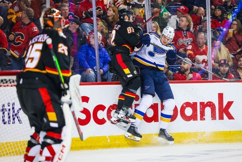 Jan 23, 2024; Calgary, Alberta, CAN; St. Louis Blues right wing Alexey Toropchenko (13) checks into the boards Calgary Flames defenseman Jordan Oesterle (82) during the first period at Scotiabank Saddledome. Mandatory Credit: Sergei Belski-USA TODAY Sports