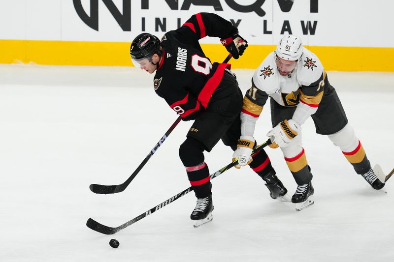 Oct 25, 2024; Las Vegas, Nevada, USA; Vegas Golden Knights right wing Mark Stone (61) tips the puck away from Ottawa Senators center Josh Norris (9) during the second period at T-Mobile Arena. Mandatory Credit: Stephen R. Sylvanie-Imagn Images