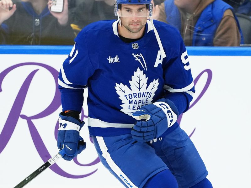 Nov 5, 2025; Toronto, Ontario, CAN; Toronto Maple Leafs center John Tavares (91) skates during the warmup before a game against the Utah Mammoth at Scotiabank Arena. Mandatory Credit: Nick Turchiaro-Imagn Images