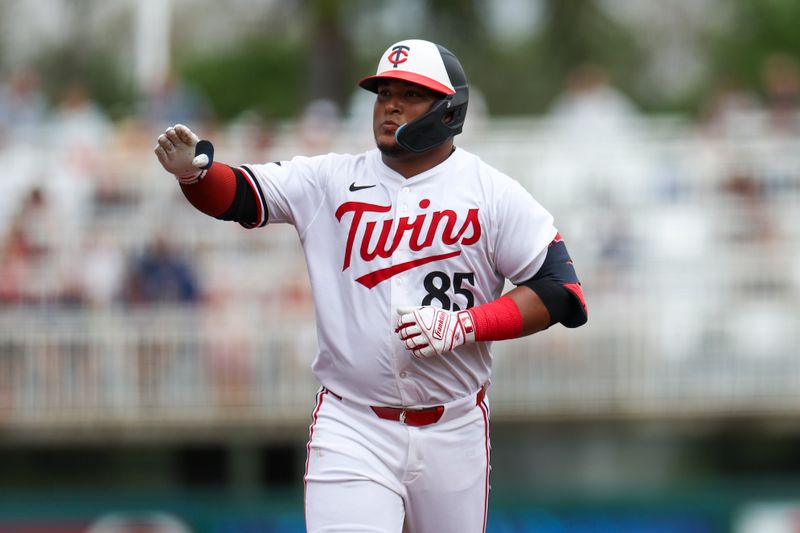 Mar 6, 2024; Fort Myers, Florida, USA;  Minnesota Twins catcher Jair Camargo (85) runs the bases after hitting a two-run home run against the Boston Red Sox in the fourth inning at Hammond Stadium. Mandatory Credit: Nathan Ray Seebeck-USA TODAY Sports