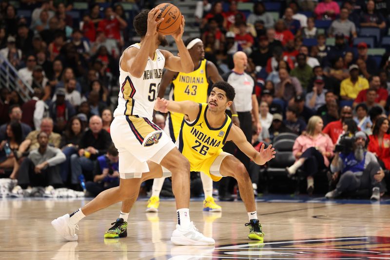 CHICAGO, IL - NOVEMBER 1: Ben Sheppard #26 of the Indiana Pacers defends during the game against the New Orleans Pelicans on November 1, 2024 at Smoothie King Center in New Orleans, Louisiana. NOTE TO USER: User expressly acknowledges and agrees that, by downloading and or using this photograph, User is consenting to the terms and conditions of the Getty Images License Agreement. Mandatory Copyright Notice: Copyright 2024 NBAE (Photo by Jeff Haynes/NBAE via Getty Images)