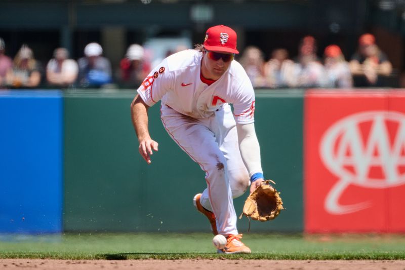 Jul 4, 2023; San Francisco, California, USA; San Francisco Giants infielder Casey Schmitt (6) fields a ground ball against the Seattle Mariners during the third inning at Oracle Park. Mandatory Credit: Robert Edwards-USA TODAY Sports