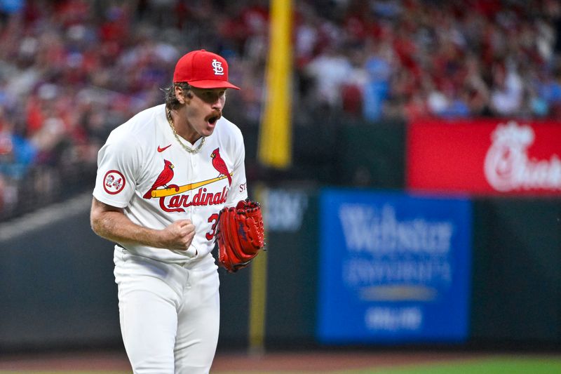 Jun 11, 2024; St. Louis, Missouri, USA;  St. Louis Cardinals starting pitcher Miles Mikolas (39) reacts after an inning ending double play against the Pittsburgh Pirates during the seventh inning at Busch Stadium. Mandatory Credit: Jeff Curry-USA TODAY Sports