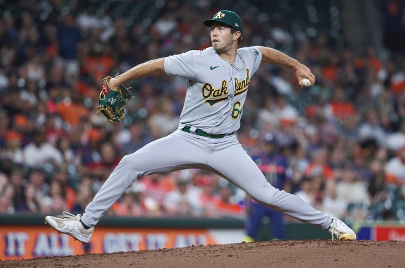 Sep 11, 2023; Houston, Texas, USA; Oakland Athletics relief pitcher Ken Waldichuk (64) delivers a pitch during the third inning against the Houston Astros at Minute Maid Park. Mandatory Credit: Troy Taormina-USA TODAY Sports