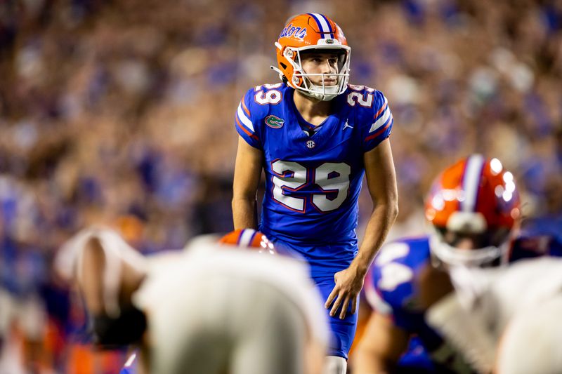 Sep 16, 2023; Gainesville, Florida, USA; Florida Gators place kicker Trey Smack (29) waits to kick a field goal during the second half against the Tennessee Volunteers at Ben Hill Griffin Stadium. Mandatory Credit: Matt Pendleton-USA TODAY Sports