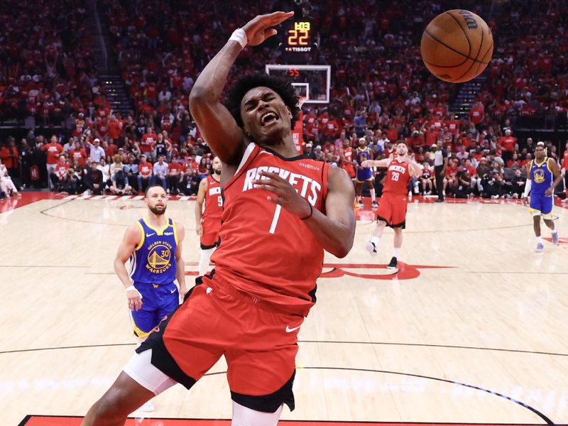 HOUSTON, TEXAS - APRIL 30: Amen Thompson #1 of the Houston Rockets dunks the ball against the Golden State Warriors during the second quarter in Game Five of the Western Conference First Round NBA Playoffs at Toyota Center on April 30, 2025 in Houston, Texas. NOTE TO USER: User expressly acknowledges and agrees that, by downloading and or using this photograph, User is consenting to the terms and conditions of the Getty Images License Agreement. (Photo by Alex Slitz/Getty Images)