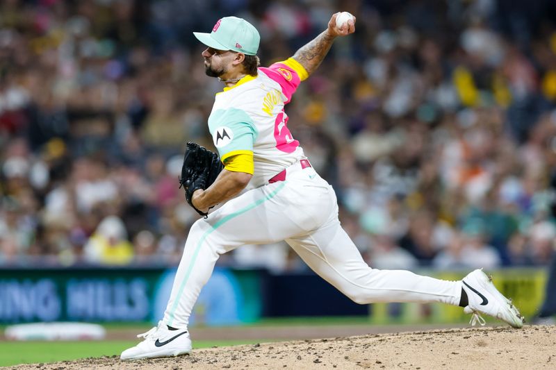 Sep 26, 2025; San Diego, California, USA; San Diego Padres relief pitcher David Morgan (66) throws a pitch during the eighth inning Arizona Diamondbacks at Petco Park. Mandatory Credit: David Frerker-Imagn Images