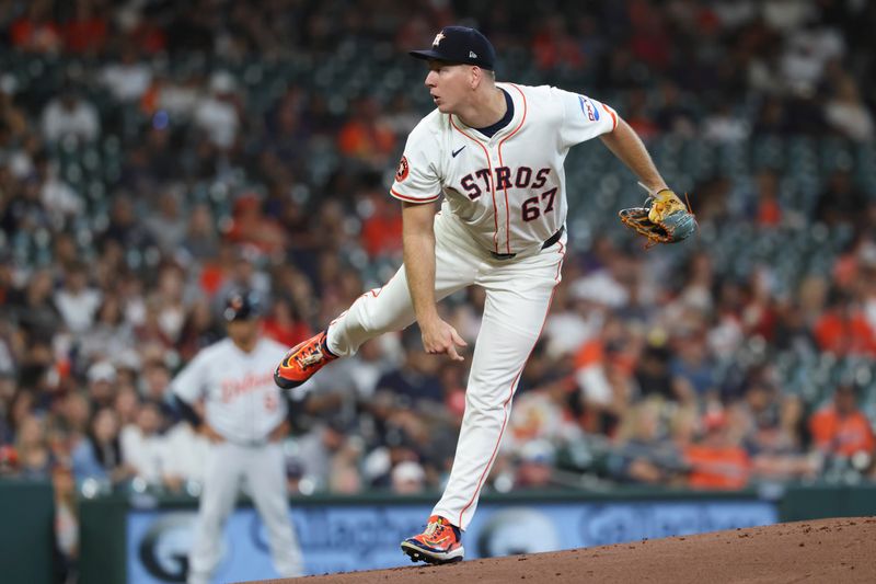 Apr 29, 2025; Houston, Texas, USA; Houston Astros starting pitcher Ryan Gusto (67) delivers a pitch during the first inning against the Detroit Tigers at Daikin Park. Mandatory Credit: Troy Taormina-Imagn Images