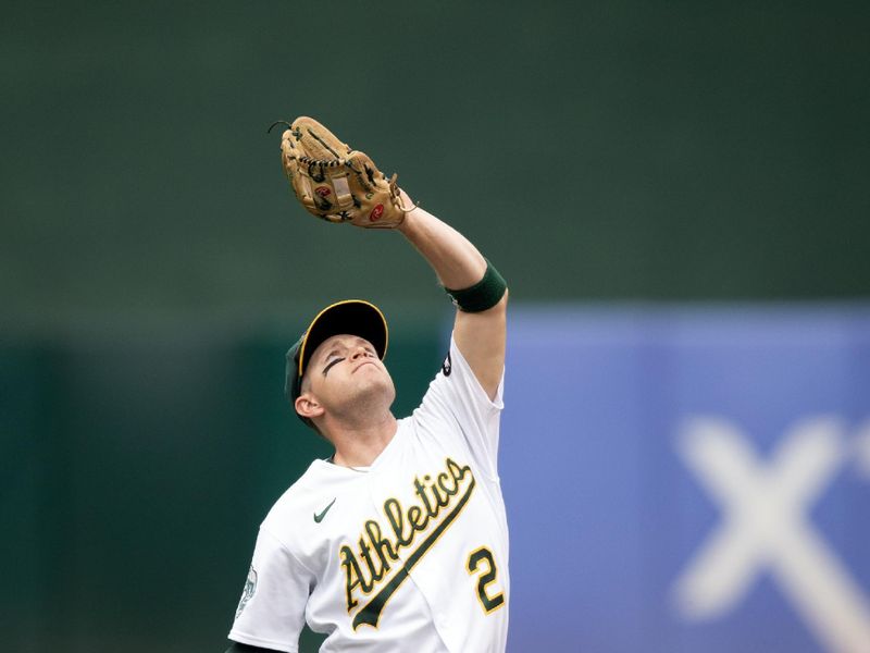 Sep 2, 2023; Oakland, California, USA; Oakland Athletics shortstop Nick Allen (2) makes the catch of a popup  by Los Angeles Angels designated hitter Shohei Ohtani during the seventh inning at Oakland-Alameda County Coliseum. Mandatory Credit: D. Ross Cameron-USA TODAY Sports