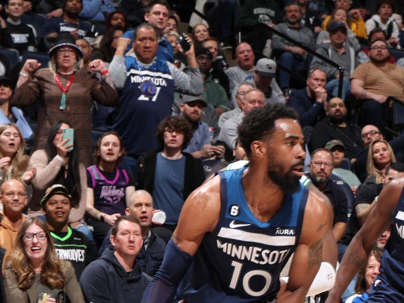 MINNEAPOLIS, MN -  MARCH 15: Mike Conley #10 of the Minnesota Timberwolves goes to the basket during the game on March 15, 2023 at Target Center in Minneapolis, Minnesota. NOTE TO USER: User expressly acknowledges and agrees that, by downloading and or using this Photograph, user is consenting to the terms and conditions of the Getty Images License Agreement. Mandatory Copyright Notice: Copyright 2023 NBAE (Photo by David Sherman/NBAE via Getty Images)