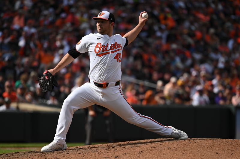 Sep 22, 2024; Baltimore, Maryland, USA; Baltimore Orioles pitcher Keegan Akin (45) throws a fifth inning pitch against the Detroit Tigers  at Oriole Park at Camden Yards. Mandatory Credit: Tommy Gilligan-Imagn Images