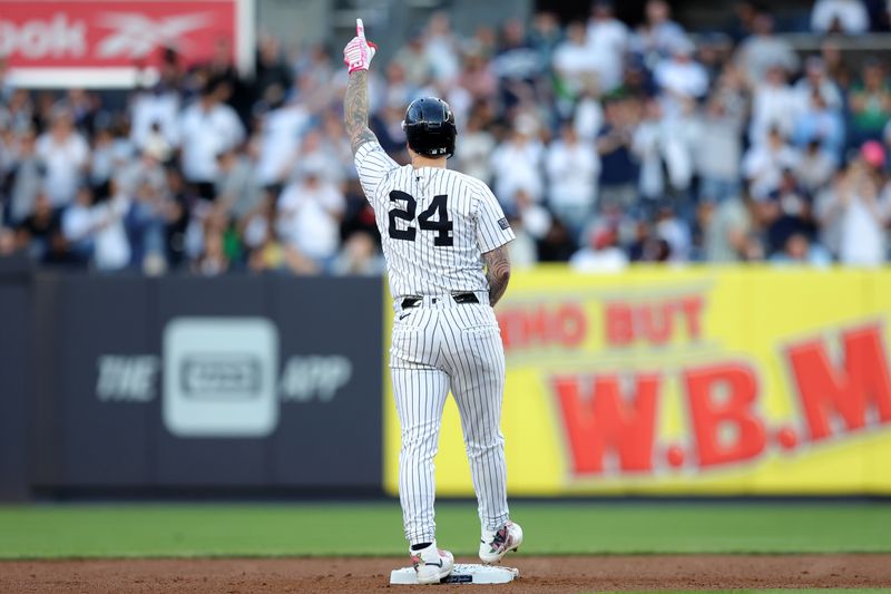 May 20, 2024; Bronx, New York, USA; New York Yankees left fielder Alex Verdugo (24) reacts after hitting an RBI double against the Seattle Mariners during the first inning at Yankee Stadium. Mandatory Credit: Brad Penner-USA TODAY Sports