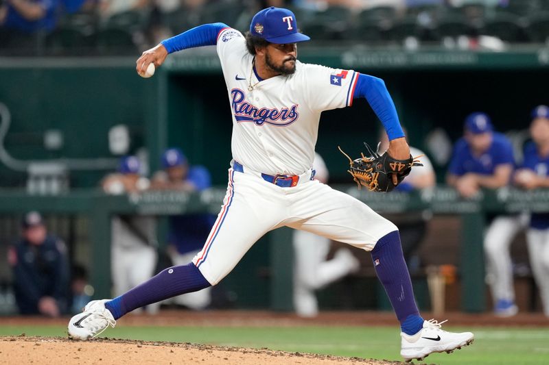 Apr 24, 2024; Arlington, Texas, USA; Texas Rangers relief pitcher Grant Anderson (65) pitches to the Seattle Mariners during the ninth inning at Globe Life Field. Mandatory Credit: Jim Cowsert-USA TODAY Sports