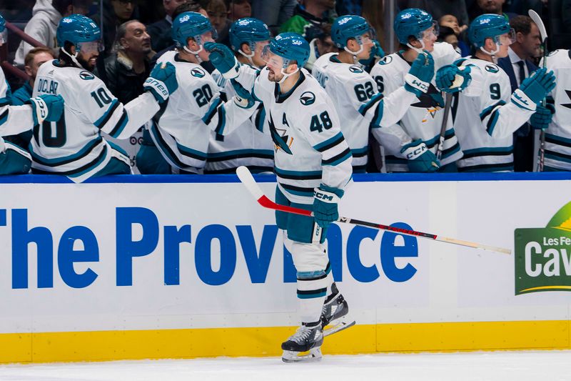 Dec 23, 2023; Vancouver, British Columbia, CAN; San Jose Sharks forward Tomas Hertl (48) celebrates his goal against the Vancouver Canucks in the first period at Rogers Arena. Mandatory Credit: Bob Frid-USA TODAY Sports