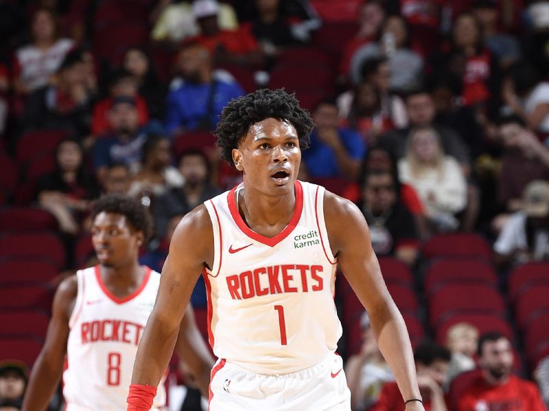 HOUSTON, TX - OCTOBER 10: Amen Thompson #1 of the Houston Rockets looks on during the game against the Indiana Pacers on October 10, 2023 at the Toyota Center in Houston, TX. NOTE TO USER: User expressly acknowledges and agrees that, by downloading and or using this photograph, User is consenting to the terms and conditions of the Getty Images License Agreement. Mandatory Copyright Notice: Copyright 2023 NBAE (Photo by Logan Riely/NBAE via Getty Images)