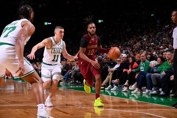 BOSTON, MA - DECEMBER 14: Darius Garland #10 of the Cleveland Cavaliers handles the ball during the game against the Boston Celtics on December 14, 2023 at the TD Garden in Boston, Massachusetts. NOTE TO USER: User expressly acknowledges and agrees that, by downloading and or using this photograph, User is consenting to the terms and conditions of the Getty Images License Agreement. Mandatory Copyright Notice: Copyright 2023 NBAE  (Photo by Brian Babineau/NBAE via Getty Images)