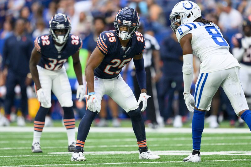 Chicago Bears defensive back Macon Clark (25) lines up on defense during an NFL football game against the Indianapolis Colts, Saturday, Aug. 19, 2023, in Indianapolis. (AP Photo/Zach Bolinger)