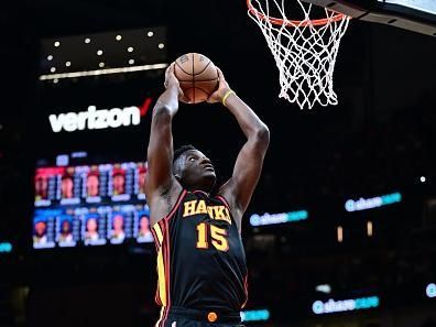 ATLANTA, GA - NOVEMBER 15: Clint Capela #15 of the Atlanta Hawks drives to the basket during the game against the New York Knicks on November 15, 2023 at State Farm Arena in Atlanta, Georgia.  NOTE TO USER: User expressly acknowledges and agrees that, by downloading and/or using this Photograph, user is consenting to the terms and conditions of the Getty Images License Agreement. Mandatory Copyright Notice: Copyright 2023 NBAE (Photo by Adam Hagy/NBAE via Getty Images)