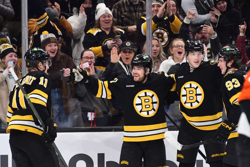 Jan 29, 2026; Boston, Massachusetts, USA; Boston Bruins left wing Viktor Arvidsson (71) celebrates his goal with his teammates during the first period against the Philadelphia Flyers at TD Garden. Mandatory Credit: Bob DeChiara-Imagn Images