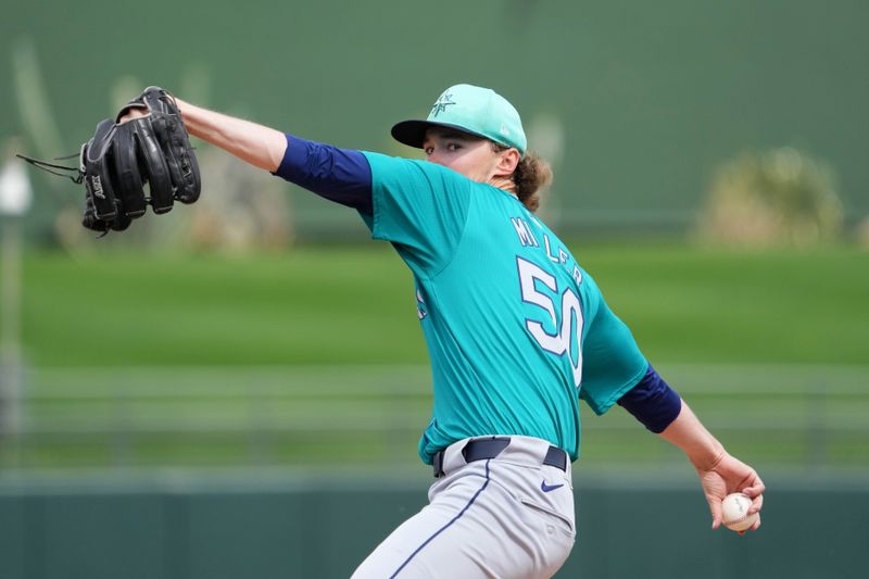 Mar 6, 2024; Surprise, Arizona, USA; Seattle Mariners starting pitcher Bryce Miller (50) pitches against the Kansas City Royals during the first inning at Surprise Stadium. Mandatory Credit: Joe Camporeale-USA TODAY Sports