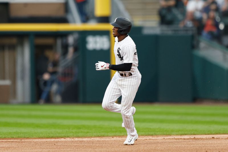 Sep 16, 2023; Chicago, Illinois, USA; Chicago White Sox shortstop Tim Anderson (7) advances to second base during the first inning of a baseball game against the Minnesota Twins at Guaranteed Rate Field. Mandatory Credit: Kamil Krzaczynski-USA TODAY Sports