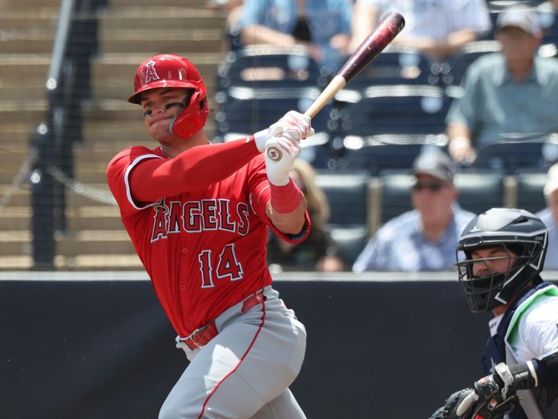 Apr 10, 2025; Tampa, Fl, USA; Los Angeles Angels catcher Logan O'Hoppe (14) doubles against the Tampa Bay Rays during the second inning at George M. Steinbrenner Field. Mandatory Credit: Kim Klement Neitzel-Imagn Images