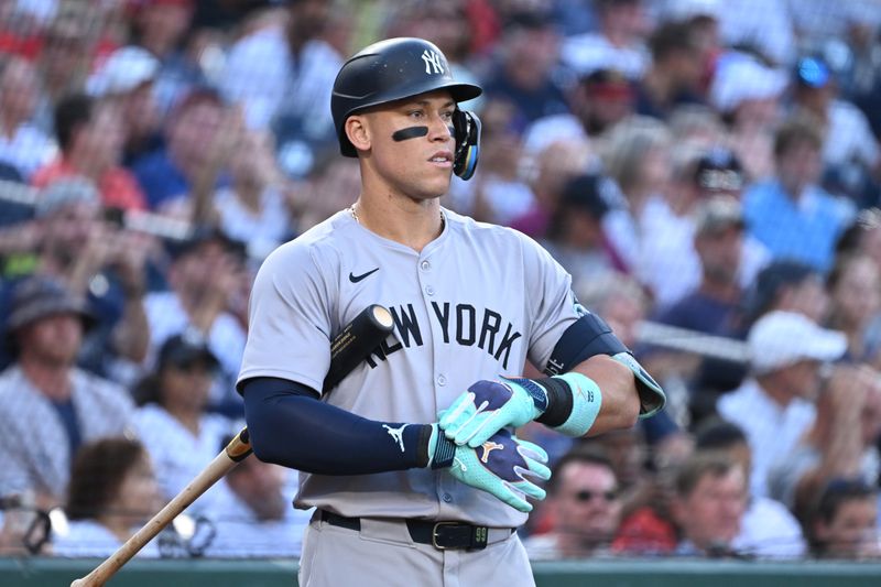 Aug 27, 2024; Washington, District of Columbia, USA; New York Yankees center fielder Aaron Judge (99) prepares to bat against the Washington Nationals during the first inning at Nationals Park. Mandatory Credit: Rafael Suanes-USA TODAY Sports