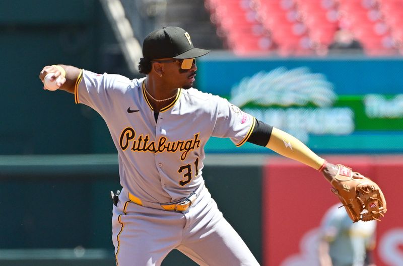 Aug 28, 2025; St. Louis, Missouri, USA;  Pittsburgh Pirates shortstop Liover Peguero (31) throws to first base in a game against the St. Louis Cardinals at Busch Stadium. Mandatory Credit: Tim Vizer-Imagn Images