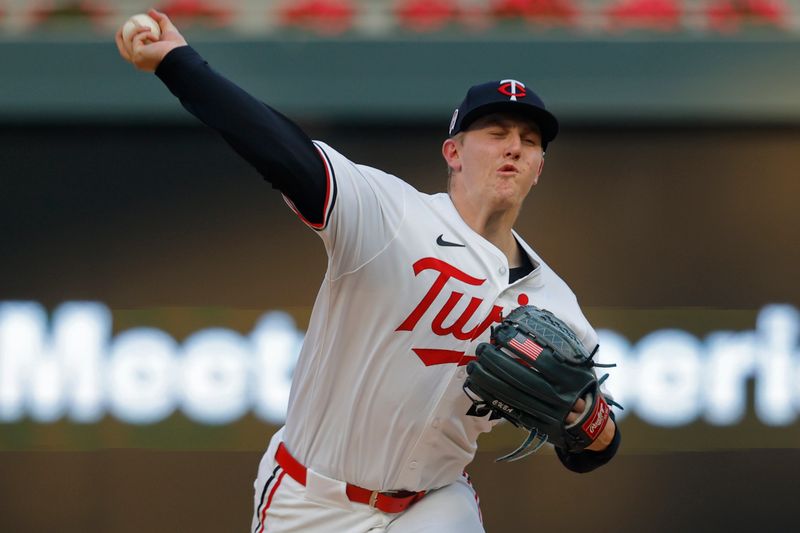 Sep 11, 2024; Minneapolis, Minnesota, USA; Minnesota Twins starting pitcher Zebby Matthews (52) throws to the Los Angeles Angels in the first inning at Target Field. Mandatory Credit: Bruce Kluckhohn-Imagn Images