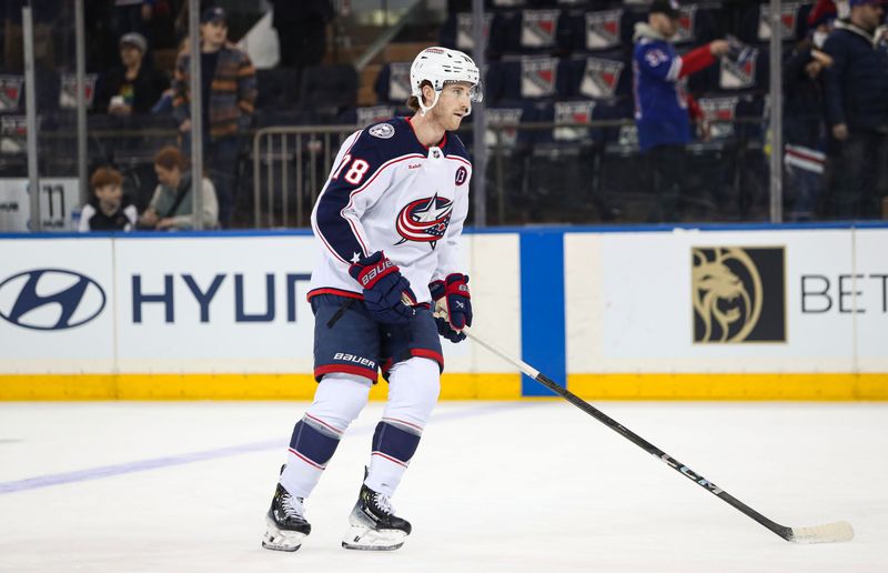 Jan 18, 2025; New York, New York, USA; Columbus Blue Jackets defenseman Damon Severson (78) warms up before the first period against the New York Rangers at Madison Square Garden. Mandatory Credit: Danny Wild-Imagn Images