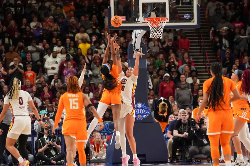 Mar 9, 2024; Greensville, SC, USA; Tennessee Lady Vols center Tamari Key (20) shoots against South Carolina Gamecocks guard Te-Hina Paopao (0) during the second half at Bon Secours Wellness Arena. Mandatory Credit: Jim Dedmon-USA TODAY Sports