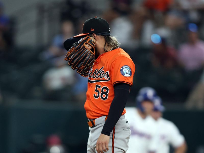 Jul 20, 2024; Arlington, Texas, USA; Baltimore Orioles pitcher Cionel Perez (58) reacts while on the mound in the eighth inning against the Texas Rangers at Globe Life Field. Mandatory Credit: Tim Heitman-USA TODAY Sports