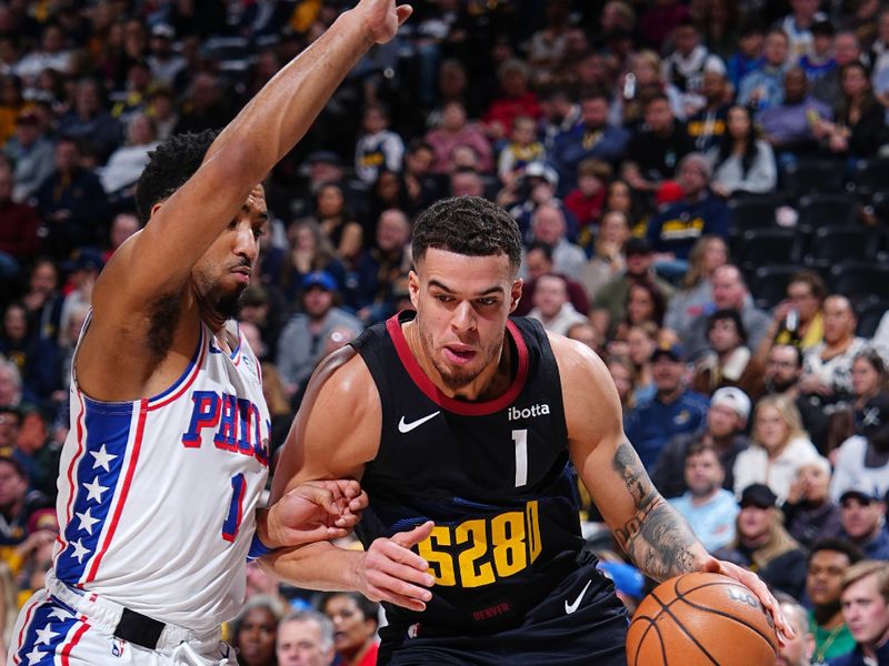 DENVER, CO - JANUARY 27: Michael Porter Jr. #1 of the Denver Nuggets dribbles the ball during the game against the Philadelphia 76ers on January 27, 2024 at the Ball Arena in Denver, Colorado. NOTE TO USER: User expressly acknowledges and agrees that, by downloading and/or using this Photograph, user is consenting to the terms and conditions of the Getty Images License Agreement. Mandatory Copyright Notice: Copyright 2024 NBAE (Photo by Garrett Ellwood/NBAE via Getty Images)