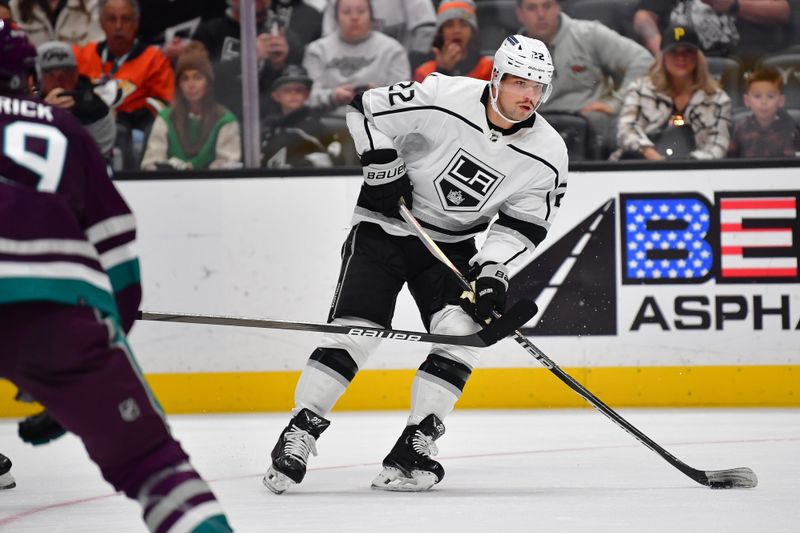 Nov 24, 2023; Anaheim, California, USA; Los Angeles Kings left wing Kevin Fiala (22) moves the puck against the Anaheim Ducks during the first period at Honda Center. Mandatory Credit: Gary A. Vasquez-USA TODAY Sports