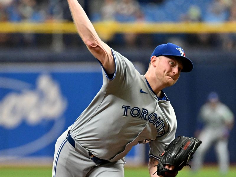 Sep 22, 2024; St. Petersburg, Florida, USA; Toronto Blue Jays starting pitcher Ryan Burr (43) throws a pitch in the first inning against the Tampa Bay Rays at Tropicana Field. Mandatory Credit: Jonathan Dyer-Imagn Images