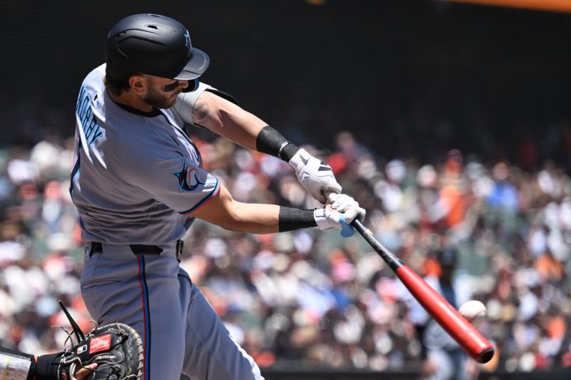 Jun 26, 2025; San Francisco, California, USA; Miami Marlins third baseman Connor Norby (1) flies out against the San Francisco Giants in the third inning at Oracle Park. Mandatory Credit: Eakin Howard-Imagn Images